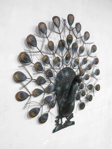 Vintage pauw wanddecoratie, mid century tin wall art sculpture peacock