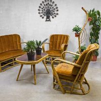 Rotan vintage design lounge set, midcentury design rattan sofa rattan armchairs rattan table