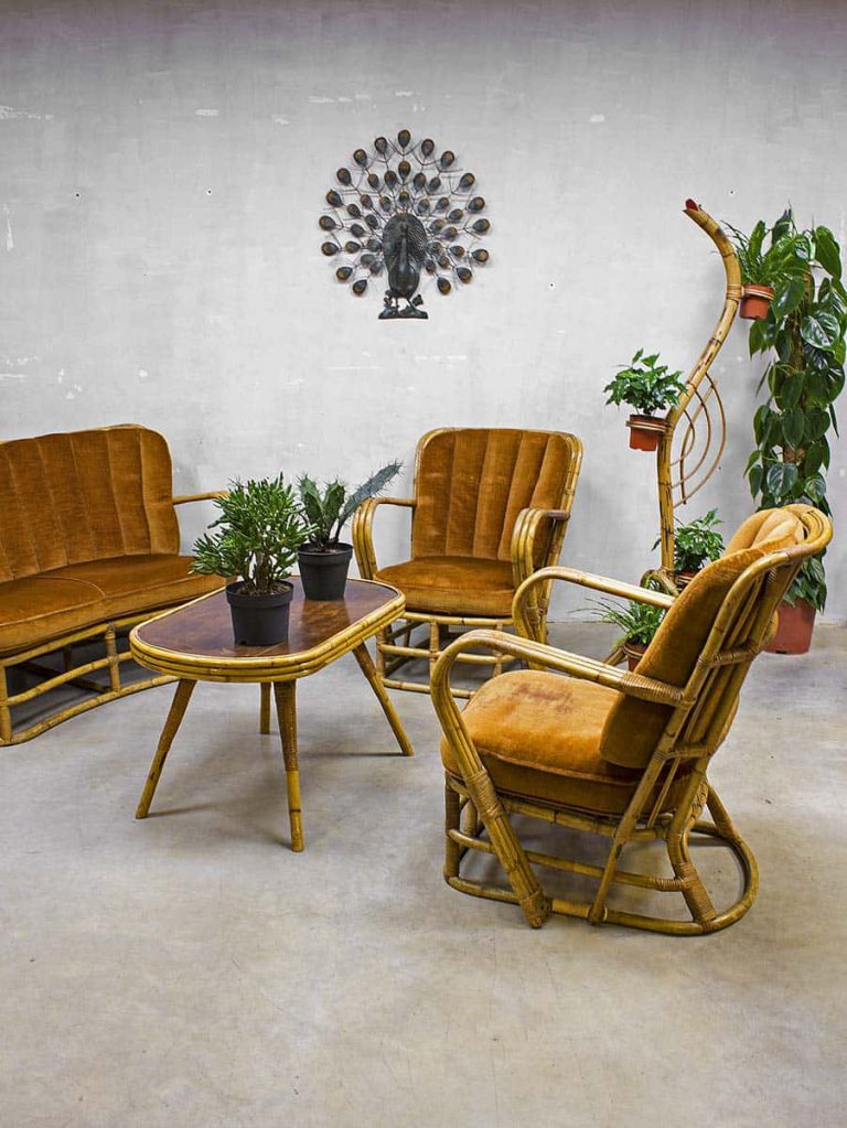 Rotan vintage design lounge set, midcentury design rattan sofa rattan armchairs rattan table