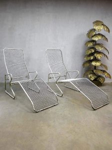 Vintage draadfauteuil ligbed, midcentury modern metal wire chaise lounge