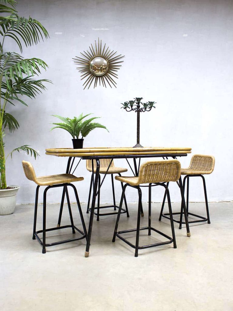 Midcentury vintage design eetkamertafel, vintage glass dining table Dirk van Sliedrecht stool