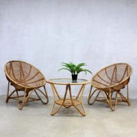 rotan vintage stoelen & salontafel, vintage rattan bamboo chairs & coffeetable