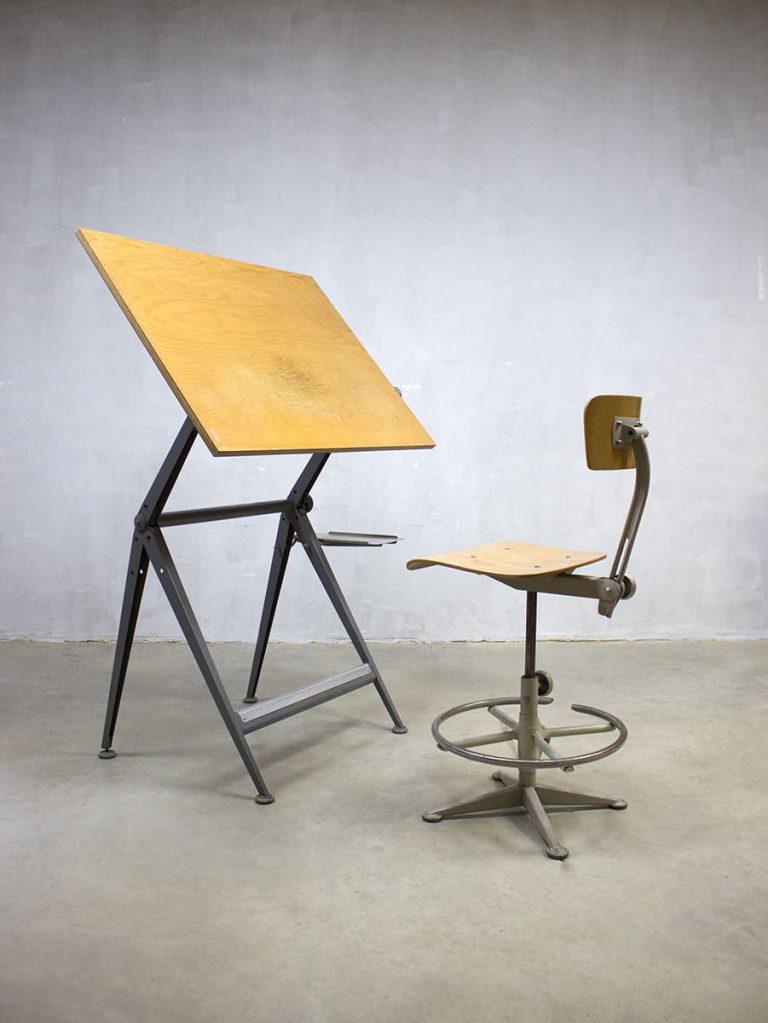 vintage Reply Friso Kramer tekentafel bureau industrieel Ahrend de Cirkel drawing table desk stool