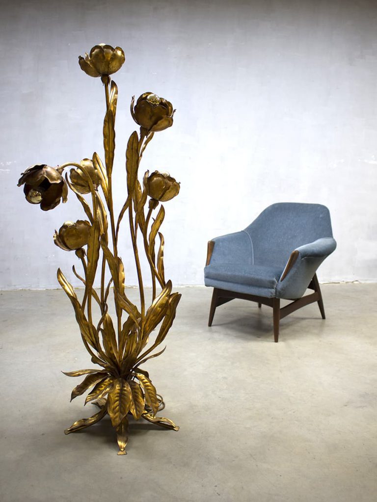 Midcentury modern brass flower bloemlamp Hollywood regency style
