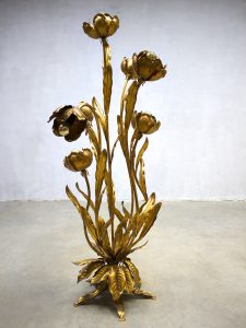 vintage gouden bloemlamp, brass flowerlamp Hollywoodregency style