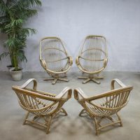 vintage bamboe lounge set stoelen fauteuils, vintage bamboo seating group lounge chairs
