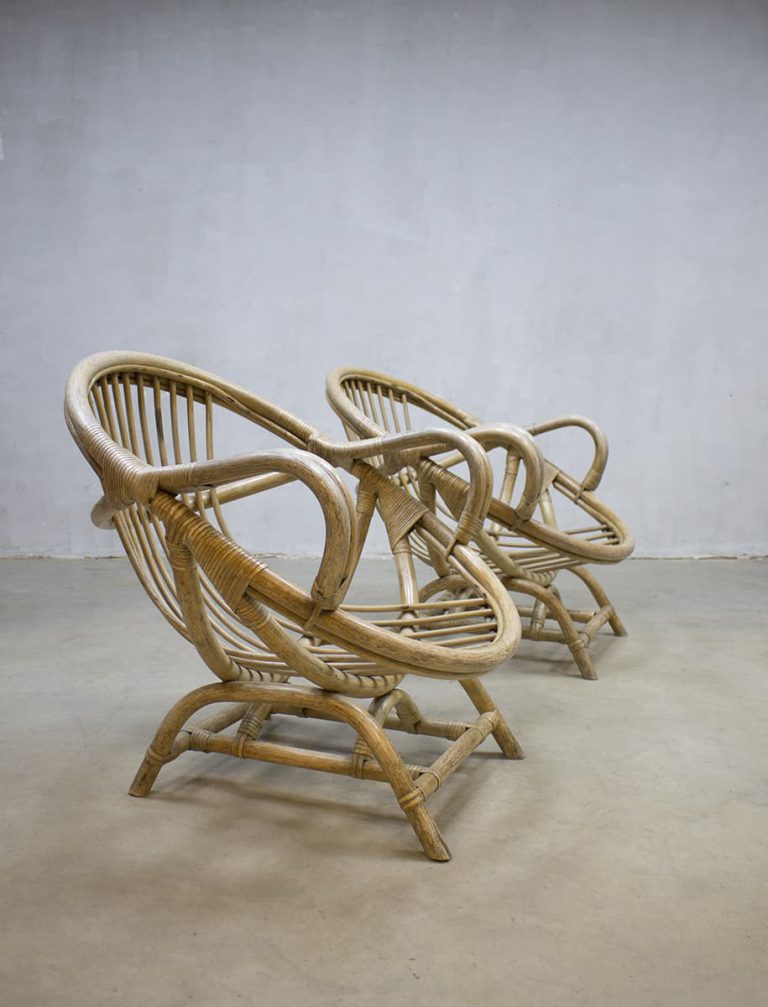 Rare vintage bamboo lounge chairs, zeldzame vintage bamboe lounge fauteuils