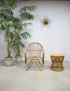 Vintage rotan lounge set fauteuil & kruk, vintage rattan chair & stool