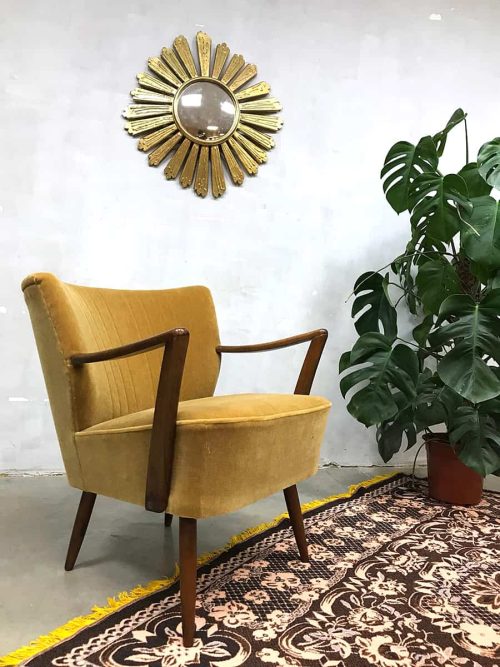 Vintage cocktail stoel chair gold velvet clubfauteuil oker velour