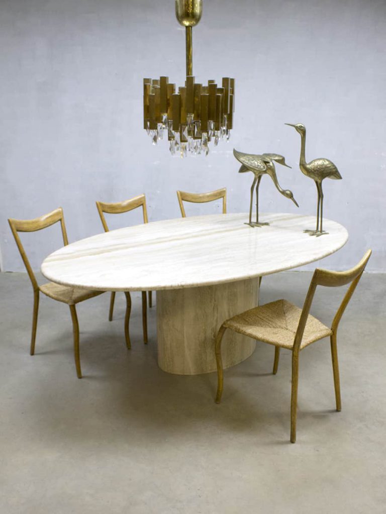 Midcentury modern polished travertine marmer eetkamertafel dining table