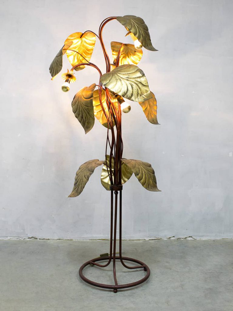 Mid century vloerlamp brass rhubarb leaf floor lamp Hollywood regency style