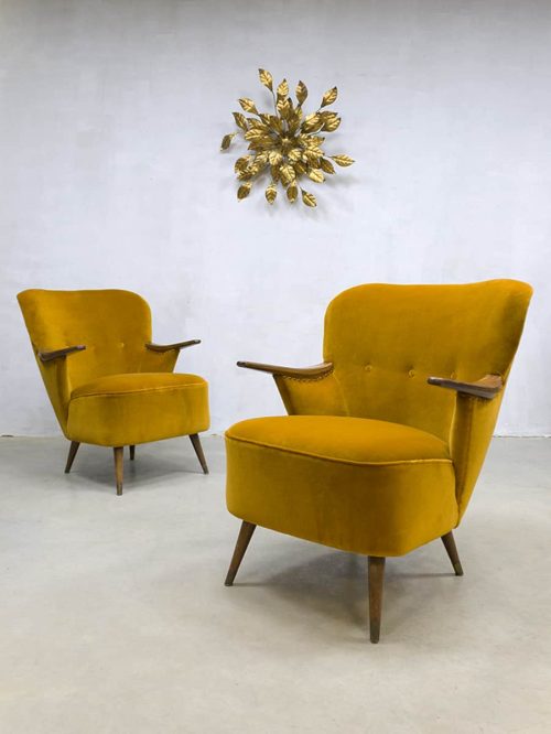 vintage velours club fauteuil cocktail stoel Deens Danish cocktail chair velvet yellow