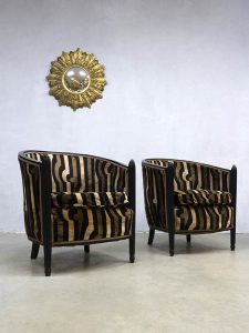 Franse vintage art deco armchairs lounge chair velvet safari print