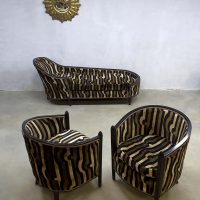 French vintage Art Deco velvet chaise longue lounge set club chairs