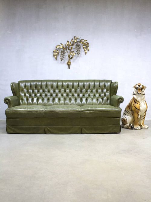 Green vintage leren chesterfield lounge bank green leather sofa ‘Botanic’