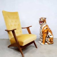 mid century modern lounge chair velvet yellow teak wood fauteuil scissor legs