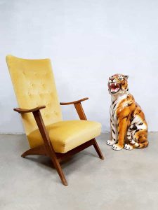 mid century modern lounge chair velvet yellow teak wood fauteuil scissor legs