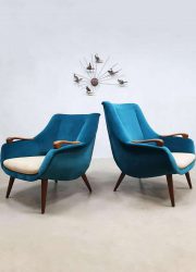 Vintage Danish design armchairs velvet lounge fauteuils 'Ocean Blue'