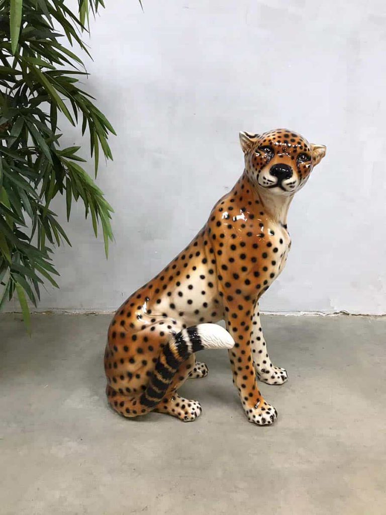 Vintage Italian ceramic cheetah tiger tijger keramiek statue sculpture beeld