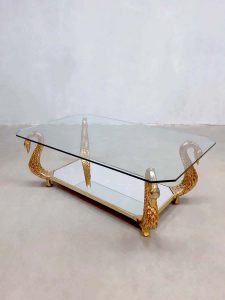 Midcentury design glass coffee table salontafel golden swans art deco 5