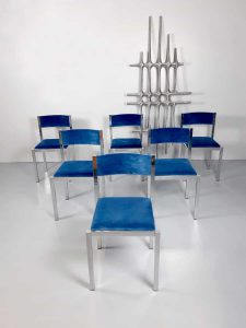 vintage Italian design seventies chrome blue chairs eetkamerstoelen Cidue