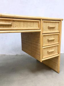 Hollywood regency vintage design rotan bamboe bureau desk rattan