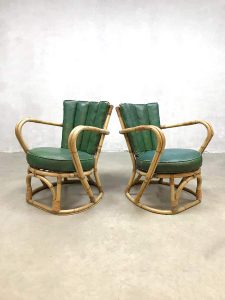 vintage rotan lounge set groen leer leather patina rattan chairs
