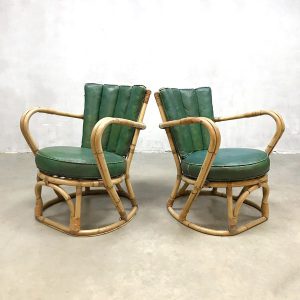 vintage rotan lounge set groen leer leather patina rattan chairs