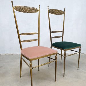 Brass Hollywood regency velvet brass dining chair eetkamerstoel messing vintage Italian design