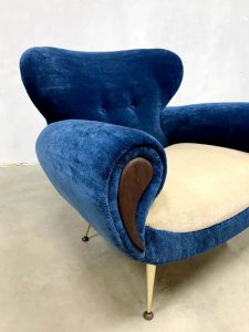 vintage italian armchair blue velvet brass teak fauteuil