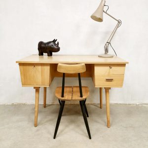 vintage Dutch industrial desk bureau light wood
