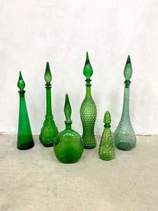 vintage Italiaans glas flessen karaf genie bottles green groen