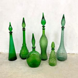 vintage Italiaans glas flessen karaf genie bottles green groen