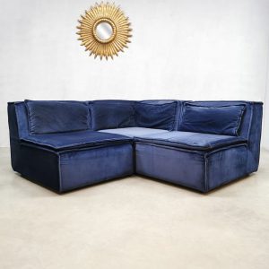 Blue vintage Midcentury Modern velvet fabric modular XXL sofa bank blauw modulair