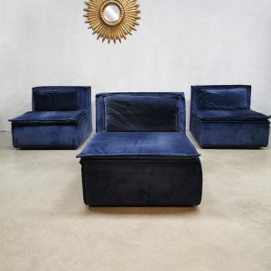 Vintage design modular sofa blue velvet fabric XXL modulaire bank blauw Midcentury Modern