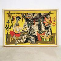 Midcentury artwork 'Les remailleur de fillets' tapestry wandkleed Robert Debieve