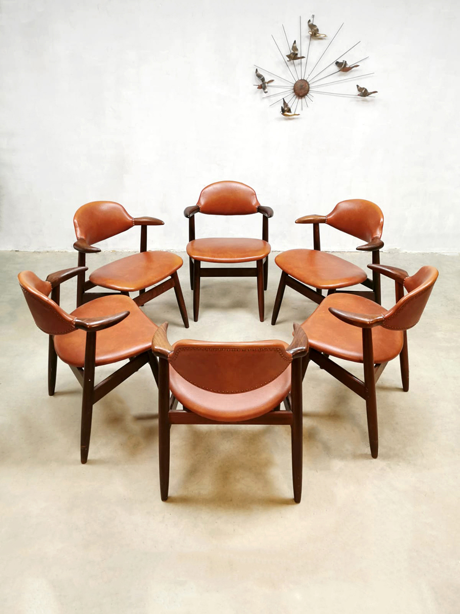 Vintage koehoorn eetkamerstoelen Tijsseling Dutch design dining chairs