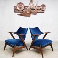 Dutch design teak easy chairs arm chair blue velvet