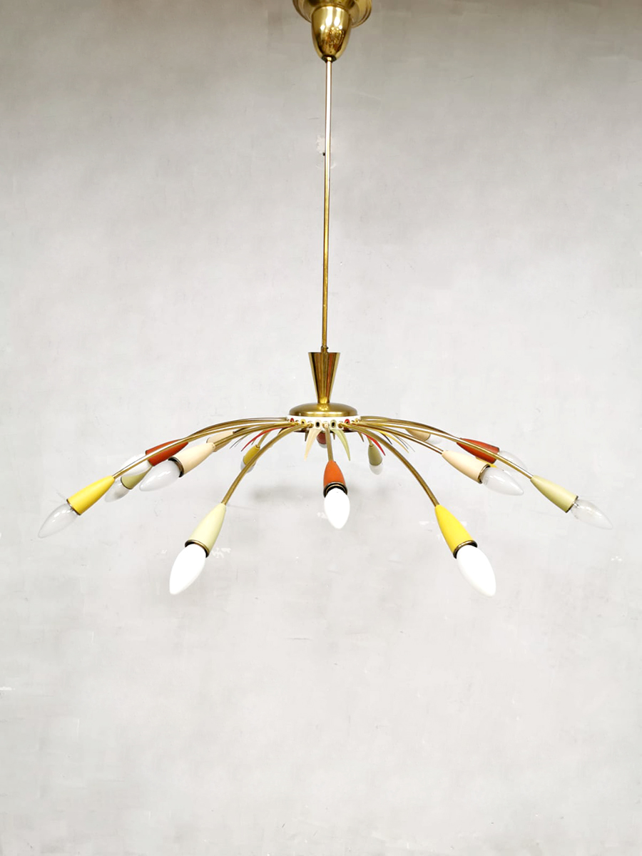 Italian mid-century brass chandelier pendant ceiling lamp Sputnik XL