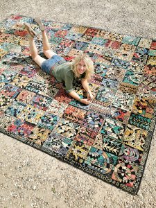 Vintage tapijt kelim rug carpet graphic design multi colors