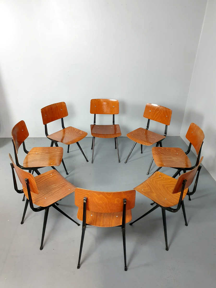 Vintage Dutch industrial school chairs schoolstoelen 'Result' Friso Kramer