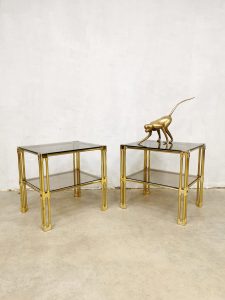 Midcentury brass & glass side tables vintage bijzettafels 'Hollywood regency class'