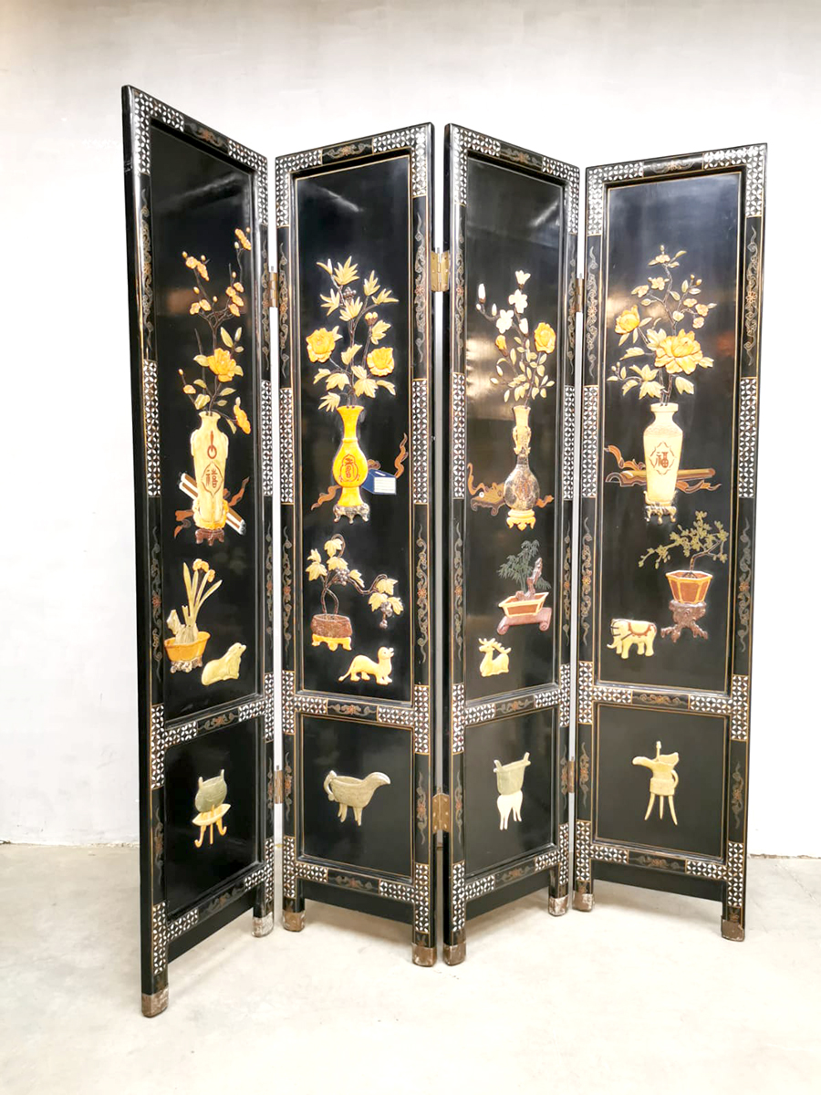 Asian lacquer 4-panel folding screen room divider 'Asian art'