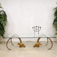 Midcentury design coffee table messing ram salontafel 'Majestic brass ibex heads'