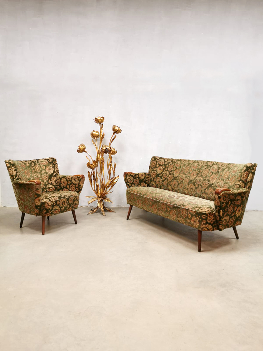 Vintage cocktail sofa armchair set 'fifties baroque flower dessin'