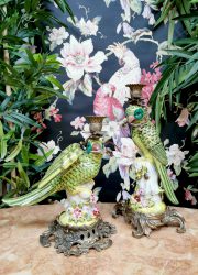 Art Nouveau brass candle holders parrot ceramic vintage kandelaar papegaai porselein
