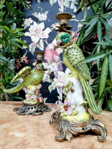 Art Nouveau brass candle holders parrot ceramic vintage kandelaar papegaai porselein