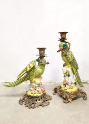 Decorative brass candle holder porcelain Parrots porseleinen papegaaien kandelaar