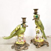 Decorative brass candle holder porcelain Parrots porseleinen papegaaien kandelaar