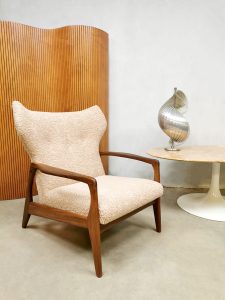Midcentury Danish design wingback armchair lounge fauteuil boucle sheepskin